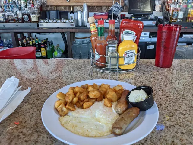 Eggs, breakfast potatoes and sausage on the Topock66 bar counter